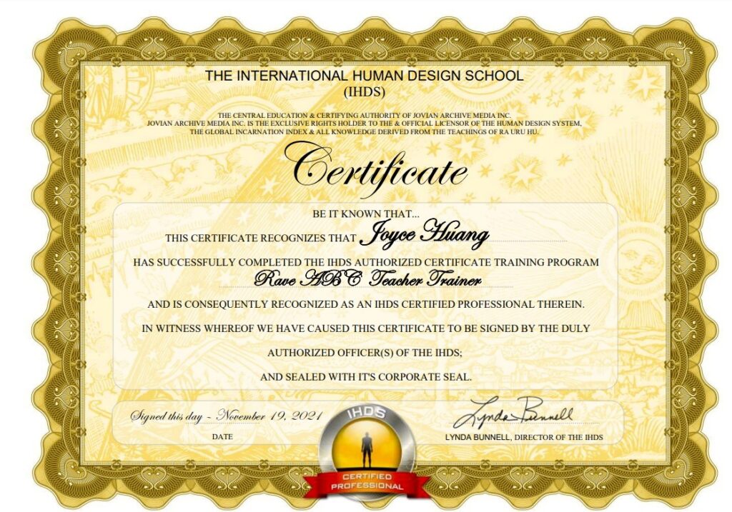 IHDS Rave Cartography Teacher Trainer
人類圖培訓基礎課程三階老師認證證書 專業導師：師資培訓師