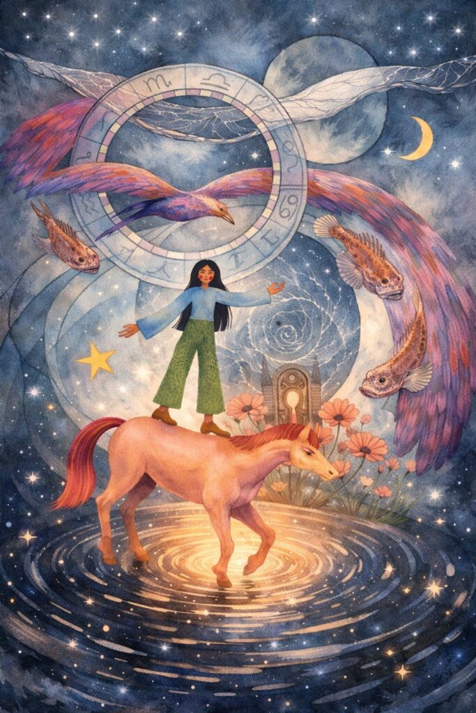 人類圖 2027 轉變插畫:象徵冥王星重生的神聖旅程,一個人站在馬背上橫跨星空水面,周圍環繞著占星輪轉與生命意象,展現從功能退場到靈魂提煉的過程。