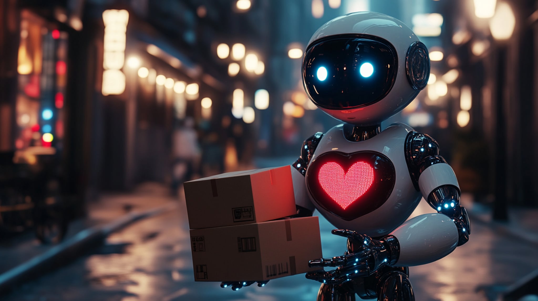 一個具備 AI 感的白色配送機器人，在夜間城市背景下雙手捧著紙箱，胸前閃爍著紅色的心形光芒，象徵人類圖 2027 轉變中，功能與靈魂溫度的對比。