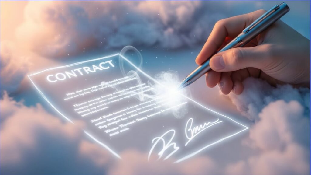 亞洲人類圖學院 使用者條款 內頁插圖：一隻手在雲端簽署發光的數位「CONTRACT」合約，象徵學員與官方機構之間神聖且具備法律效力的契約關係。