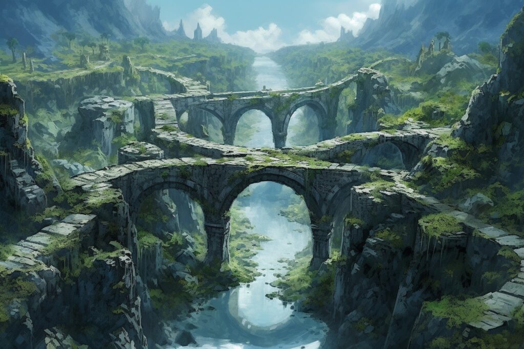 人類圖定義內頁插圖:交錯的石橋與流水網絡,視覺化呈現一分人至四分人體內能量中心相互連結與橋接的動態過程。