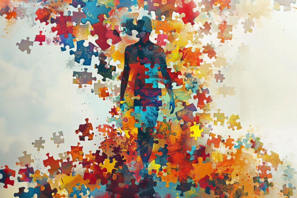 四大類型及策略內頁插圖：由多彩拼圖組成的人體剪影，象徵不同能量場類型在整體社會中獨一無二的對位與合作。