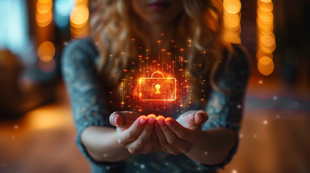 人類圖隱私權政策內頁插圖：一雙手小心翼翼地捧著一個發光的數位鎖頭圖示，象徵本站採用先進加密技術與嚴格規範，妥善守護使用者敏感的出生資料與個資安全。