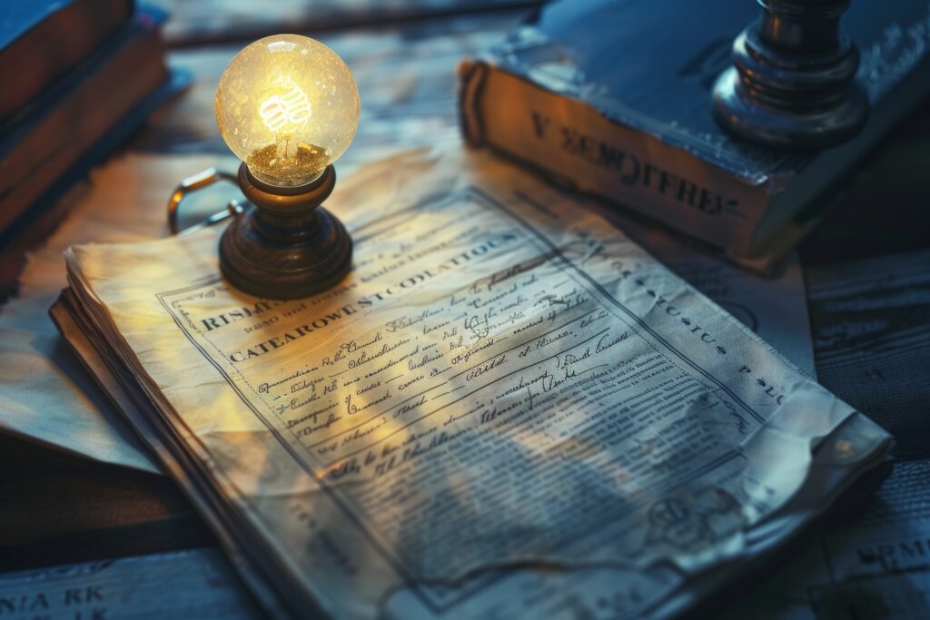 人類圖 著作權與智慧財產權聲明 內頁插圖：古老文書上的發光燈泡，象徵人類圖智慧財產權保護的核心在於守護珍貴的官方原創智慧與傳承。