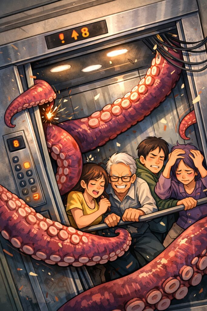 人類圖四箭頭夢境解析插畫：狹窄電梯內的人群遭受巨大紫色章魚腳攻擊，象徵集體社會中讓人卡關的慣性與無理的制約感。