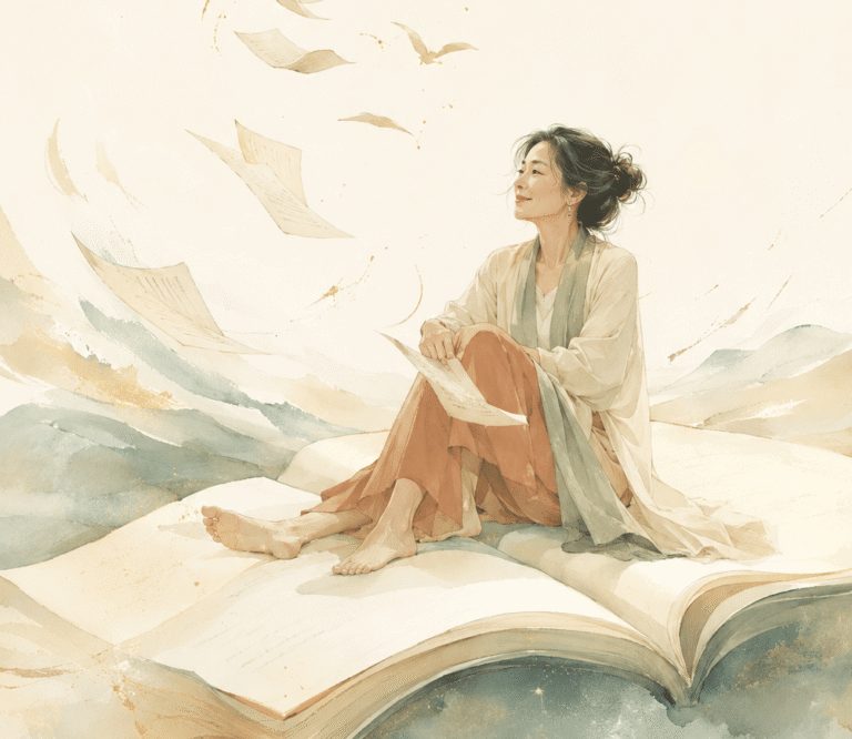 一名女子悠然坐在展開的書頁上，紙張化成飛鳥升向天空，象徵在自己的節奏中守護原創、找回靈感與創作自由。